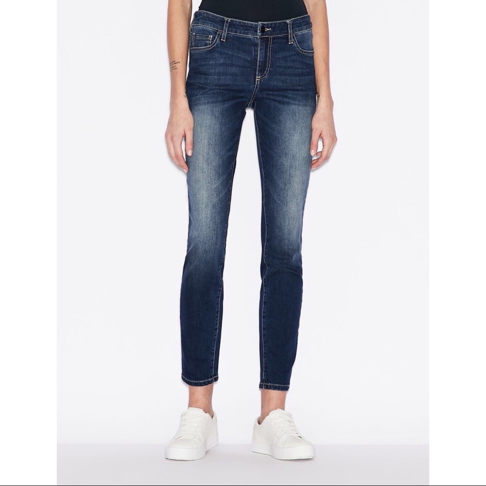 Armani Exchange Blue Indigo Faded Wash Mid Rise Super Skinny Cotton Denim Jeans